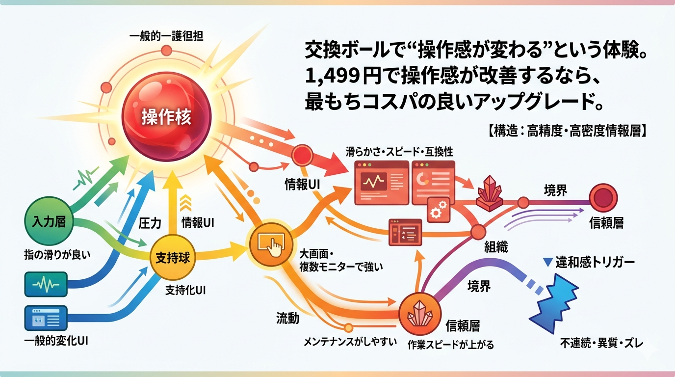 PERIPRO‑303（34mm レッド）｜M575・M570・エレコム34mm対応。“光沢スピード型”で操作感が一段上がる交換ボール