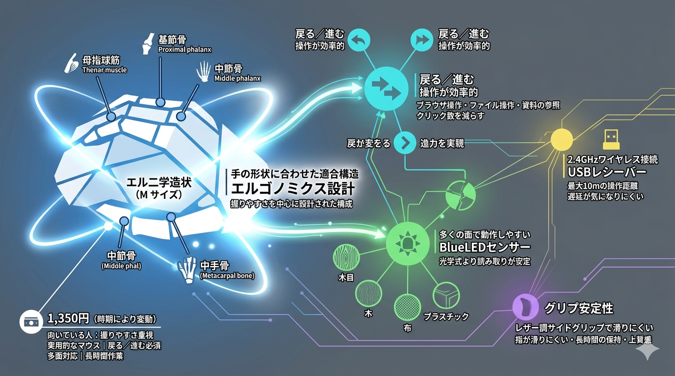 エレコム EX-G M‑XGM10DBBK｜“握りやすさ”を重視したMサイズ。5ボタン × BlueLED の安定したワイヤレスマウス