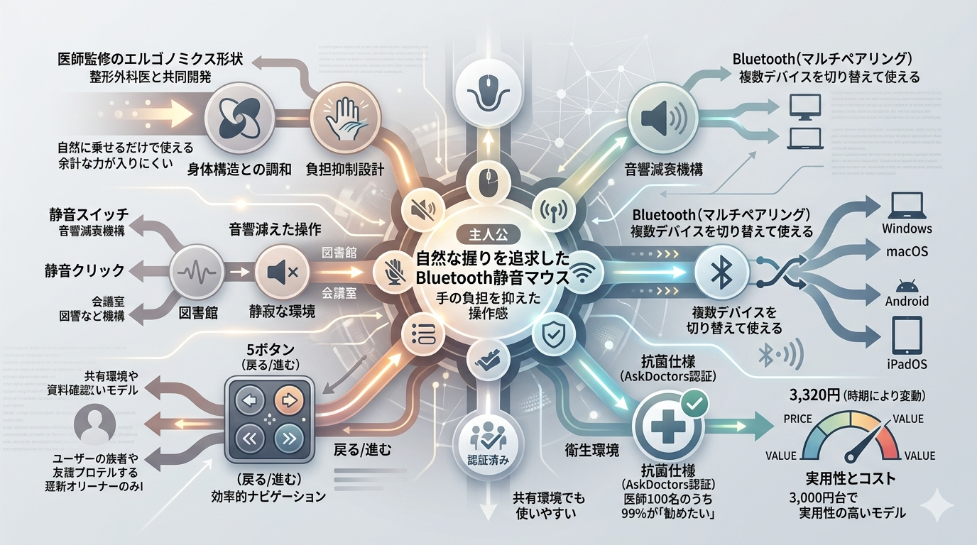 エレコム EX-G M‑XGM30BBSKABK｜“自然な握り”を追求したBluetooth静音マウス。5ボタン × マルチペアリング × 抗菌仕様