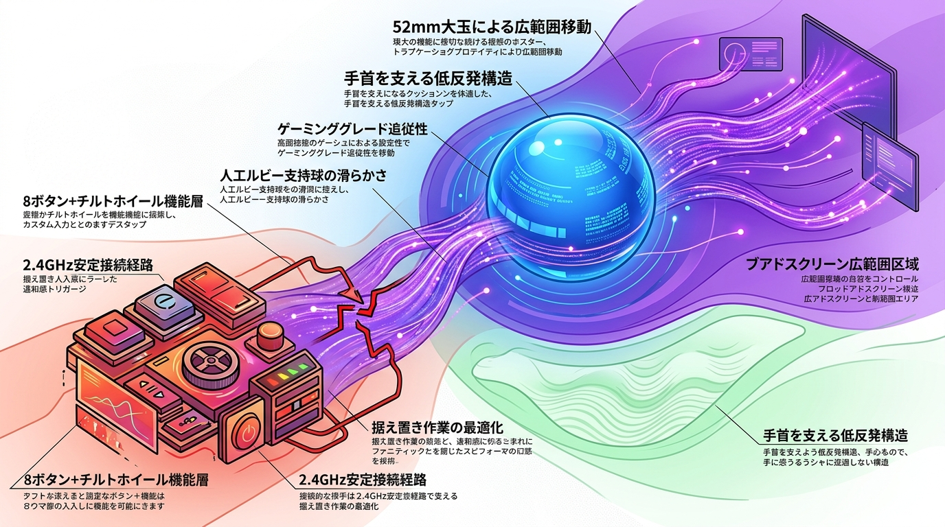 エレコム HUGE（M‑HT1DRXBK）｜“52mm大玉 × パームレスト”で、手を置いたまま画面全体を動かす据え置きトラックボール