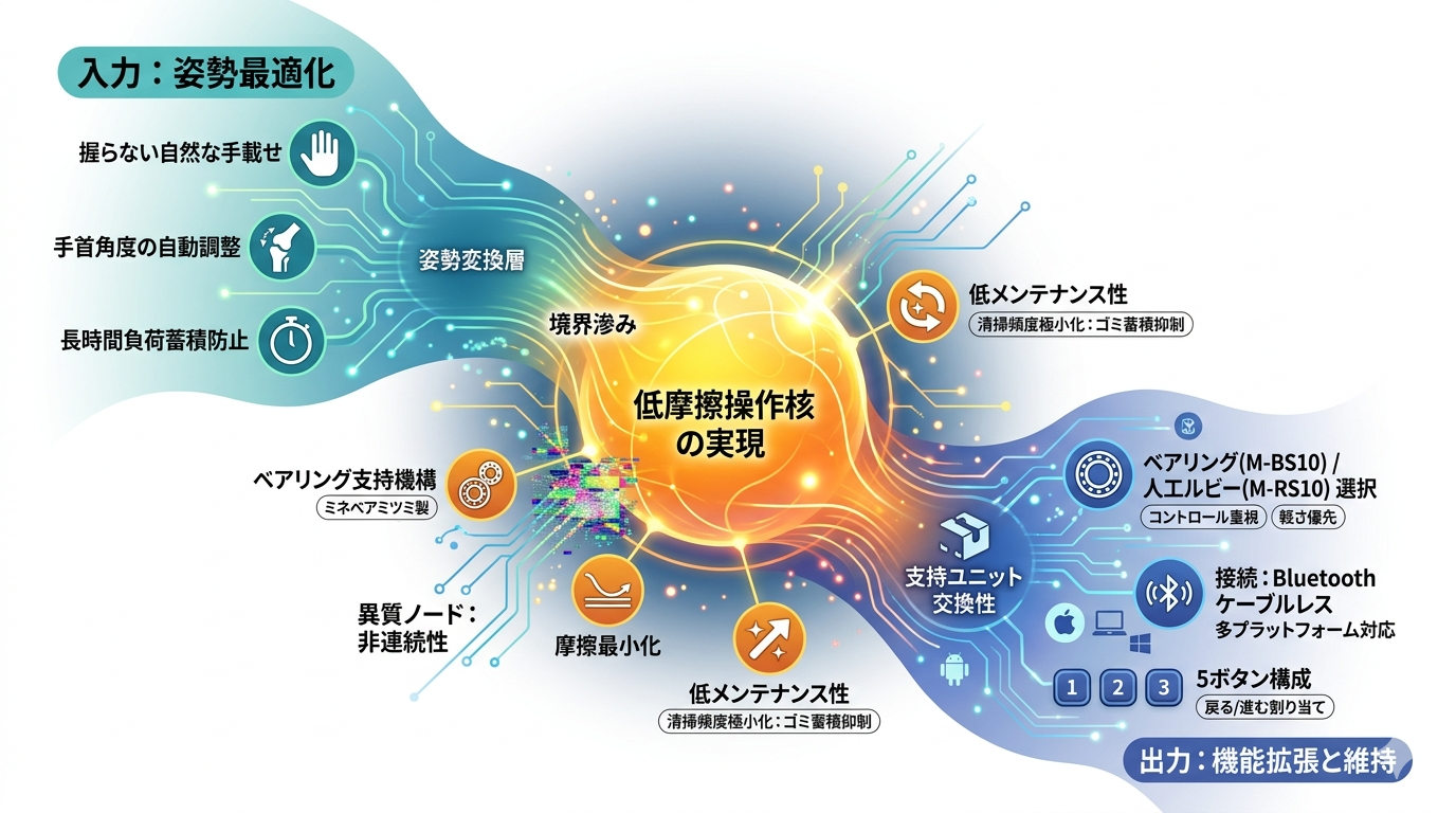 エレコム IST（M‑IT11BRABK）｜“握らない”という新しい正解。ベアリング支持で空中を滑るような操作感のトラックボール