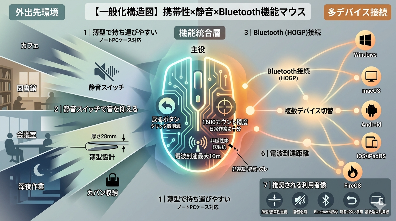 エレコム Slint M‑TM10BBBK｜薄型 × 静音 × Bluetooth。持ち運びやすさを重視した4ボタンマウス