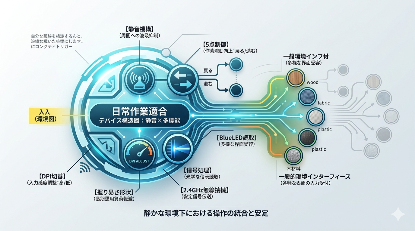 バッファロー BSMBW325BK｜静音クリック × 5ボタン × dpi切替。日常作業に馴染むワイヤレスマウス