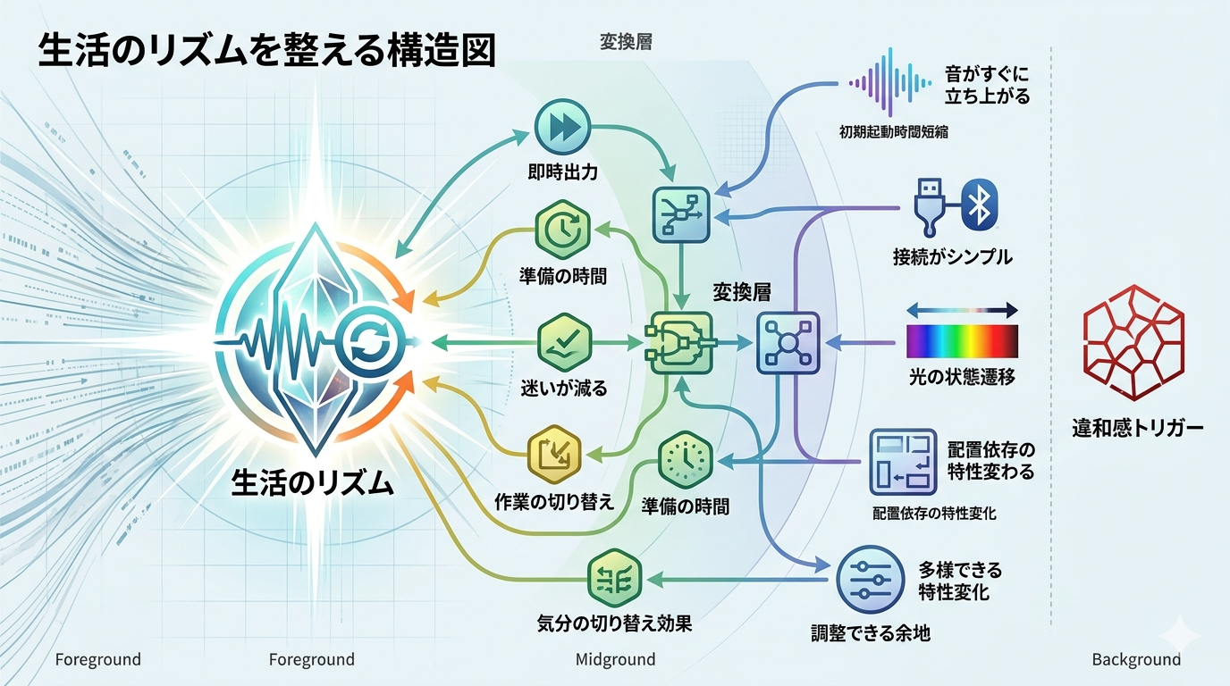 机の上に置いた一本の装置──音が日常の“手触り”を少し変える