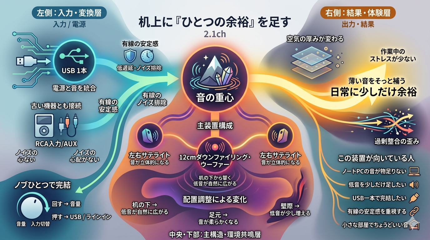 机の下から響く、小さな重心──2.1chという“ひとつの余裕”を机上に足す