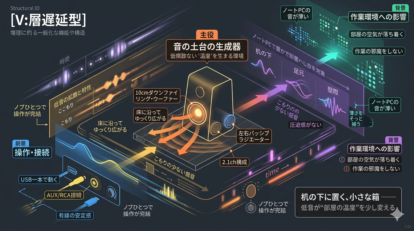 机の下に置く、小さな箱──低音が“部屋の温度”を少し変える
