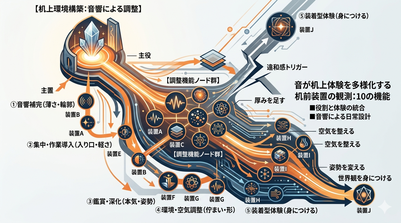 机の前で鳴る10の装置──音が作業と日常をどう変えるのか、その断片のまとめ