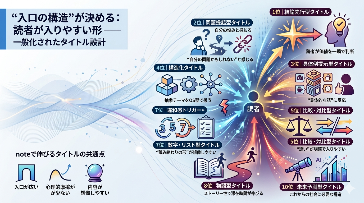 614｜noteで伸びるタイトル構造ランキング──“読者が入りやすい形”は決まっている