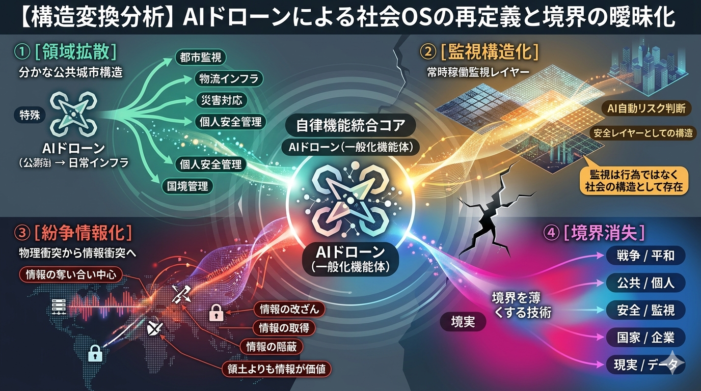 【2034未来予測】AIドローンが“戦争”と“日常”を再設計する構造──世界観OSの変化