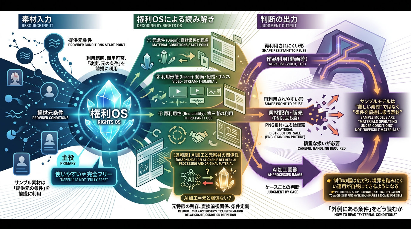 【VRoid Studio 権利 OS】VRoid Studio のサンプルモデルは利用条件付きで扱いやすいが、“完全フリー”ではなく、提供元の条件を起点に考える構造