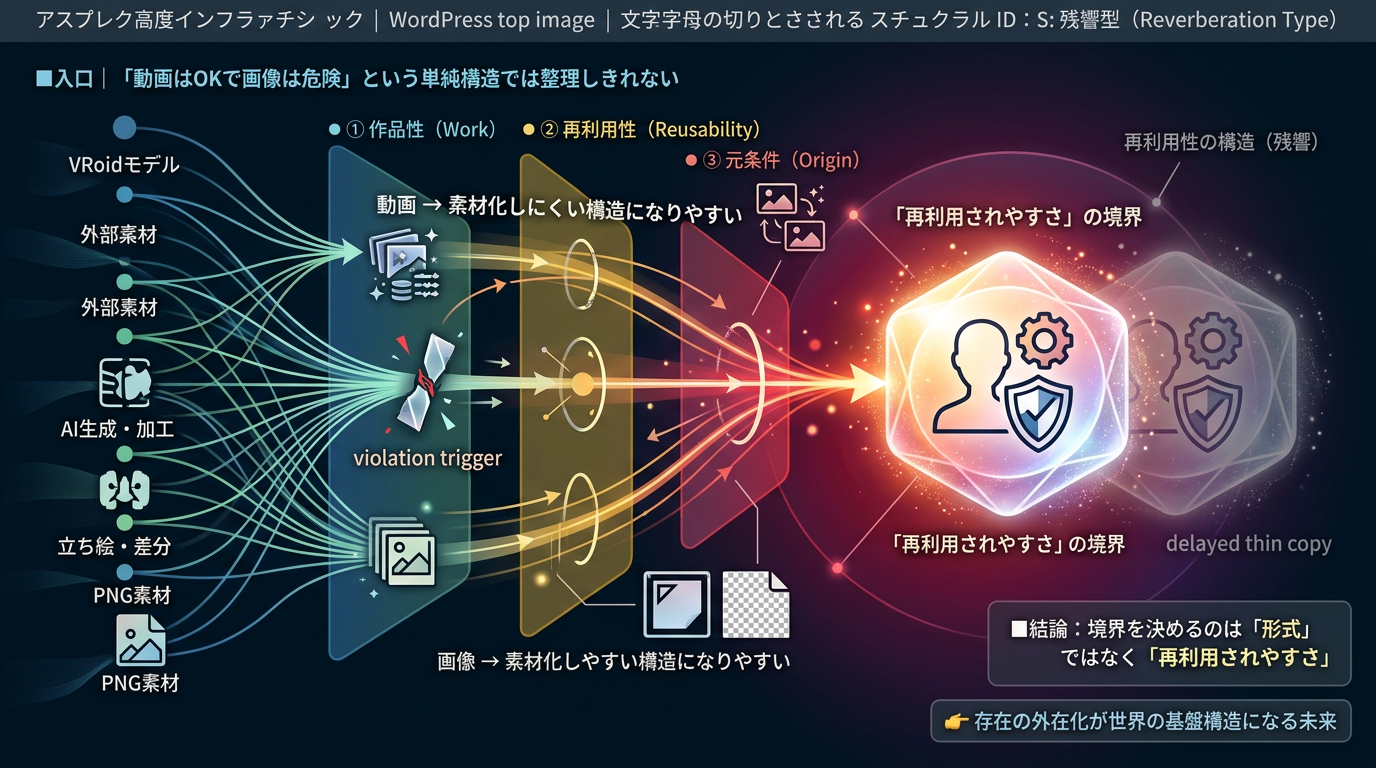 【動画 OK 画像注意 OS】VRoid モデルの録画や作品動画は整理しやすい場合があるが、立ち絵・差分・PNG 素材販売は“再利用寄り”として扱われやすい