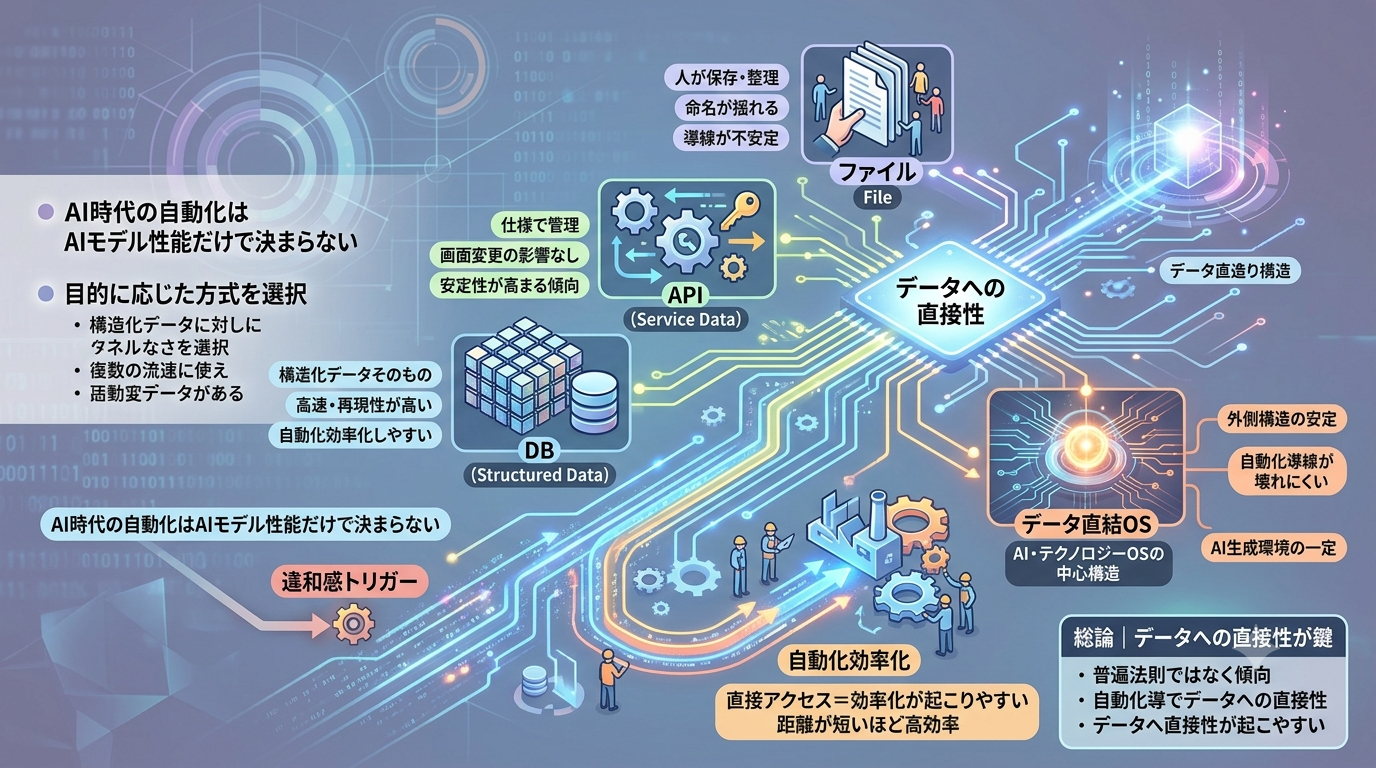 2543｜【データ直結OS】データに直接触れる仕組みほど効率化しやすい──ファイル・API・DBの“役割の違い”から見える構造