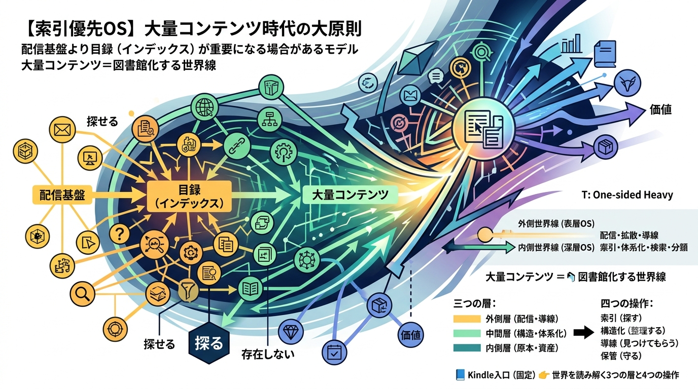 2557｜【索引優先OS】大量コンテンツ時代は“配信基盤”より、 “目録（インデックス）”が重要になると整理する構造モデル ──世界を読み解く3つの層と4つの操作 × デジタル資産OS──