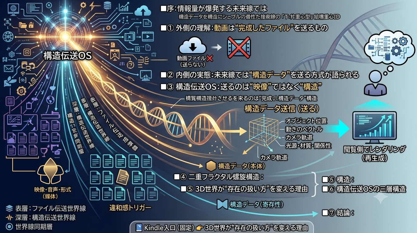 2560｜【構造伝送OS】将来は“動画ファイル”ではなく“構造データ”を送信し、 閲覧側で再生成する可能性があると整理する構造モデル ──3D世界が存在の扱い方を変える理由 × 情報OSの未来線──