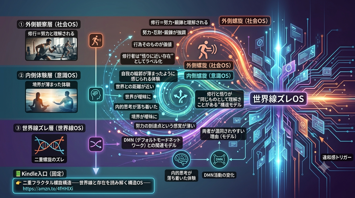 3010｜【世界線ズレOS】内側と外側の世界線がズレるため、 悟りや修行が“混同されやすい構造”として語られる世界線モデル ──世界線OS × 二重フラクタル螺旋構造──