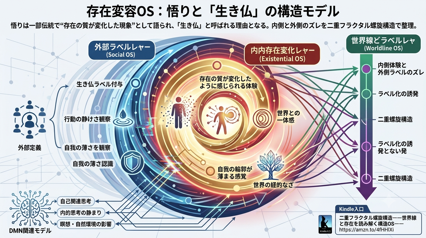 3012｜【存在変容OS】悟りは、一部の伝統では“存在の質が変化したように感じられる現象”として語られ、 その状態が「生き仏」と呼ばれる理由になると説明される構造モデル ──存在OS × 二重フラクタル螺旋構造──