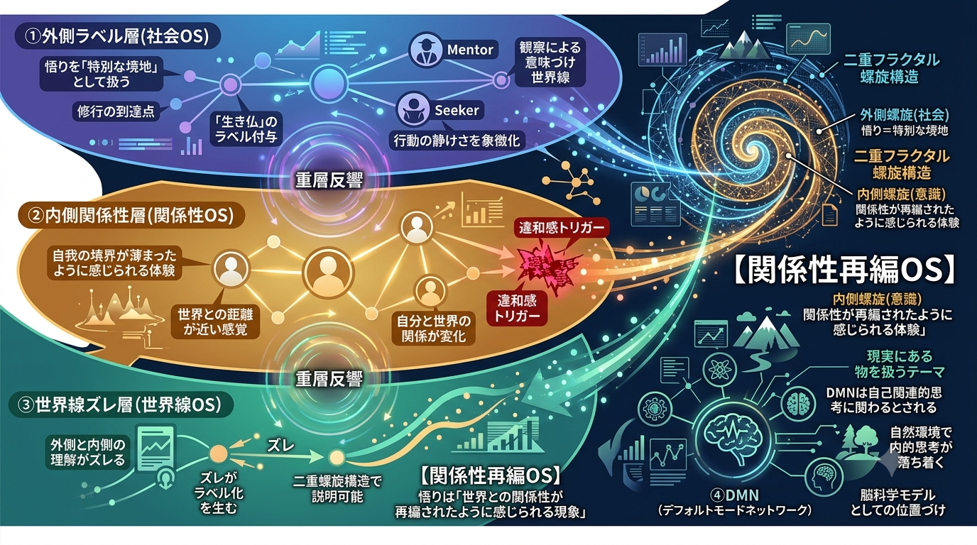 3014｜【関係性再編OS】悟りは“一部の伝統では”自我中心の視点から離脱し、 世界との関係性が再編されたように感じられる現象として語られる構造モデル ──関係性OS × 二重フラクタル螺旋構造──