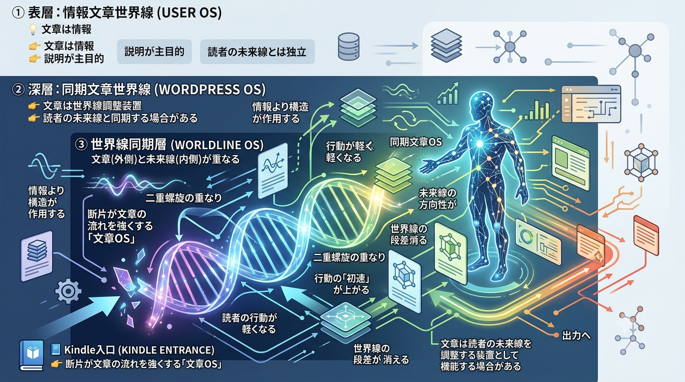 744｜【同期文章OS】文章を“世界線調整装置”として扱い、 読者の未来線と同期させるための設計原理 ──断片が文章の流れを強くする「文章OS」──