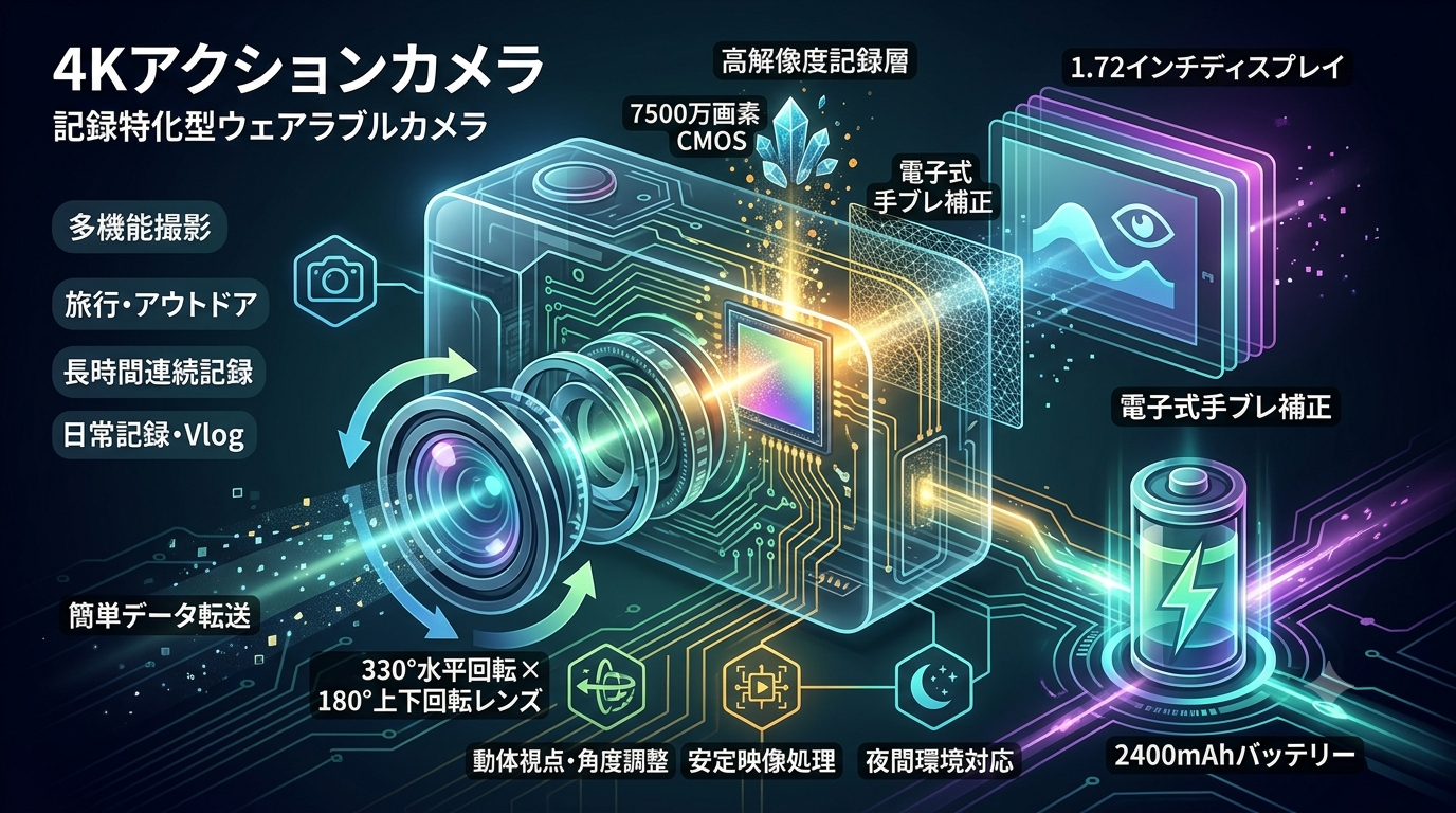 1141W｜4Kアクションカメラ（7500万画素）レビュー──330°回転レンズ × 1.72インチ画面 × 2400mAhバッテリーの“多機能ウェアラブルカメラ”