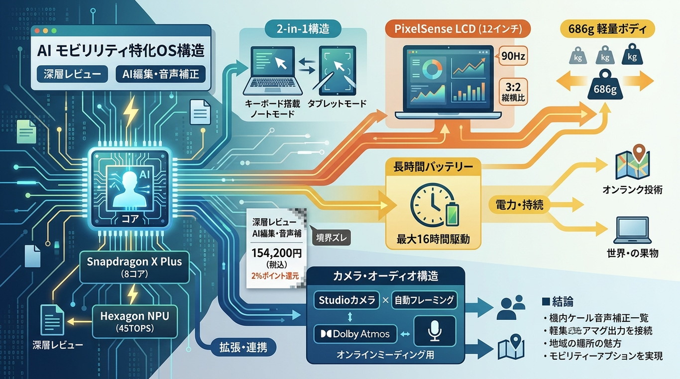 1178W｜【2-in-1 AI OS】Surface Pro 12インチ Snapdragon X Plus｜686g × 90Hz PixelSense × Hexagon NPU の“タブレット兼ノートOS構造”（深層レビュー）