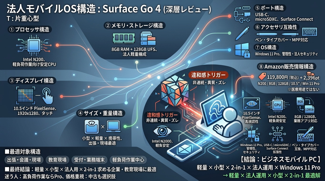 1183W｜【法人モバイルOS】Surface Go 4｜10.5インチ × N200 × 8GB × 128GB × Windows 11 Pro の“軽量ビジネスOS構造”（深層レビュー）