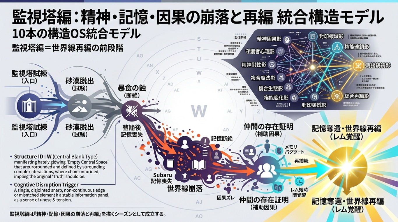 1216W〜1225W【リゼロ4期】監視塔編“世界線OS”：記憶喪失→奪還→レム覚醒へ続く10本構造の統合モデル（構造ID：RZ4-SUM）