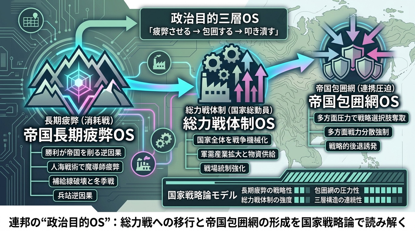 1231W｜【幼女戦記Ⅱ】連邦の“政治目的OS”：総力戦への移行と帝国包囲網の形成を国家戦略論で読み解く（構造ID：UN-STRAT）
