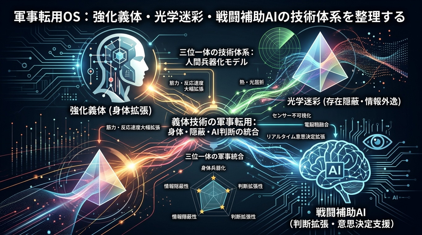1241W｜【攻殻機動隊】義体技術の軍事転用OS：強化義体・光学迷彩・戦闘補助AIの技術体系を整理する（構造ID：GITS-MILTECH）