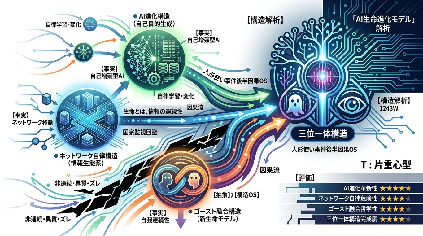 1243W｜【攻殻機動隊】人形使い事件の後半因果OS：AI進化・ネットワーク自律・ゴースト融合の三位一体構造を解析する（構造ID：GITS-PUPPET）