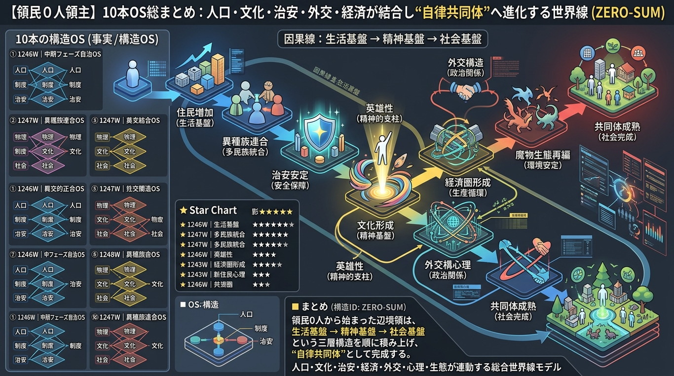 1246W〜1255W【領民０人領主】10本OS総まとめ：人口・文化・治安・外交・経済が結合し“自律共同体”へ進化する世界線（構造ID：ZERO-SUM）