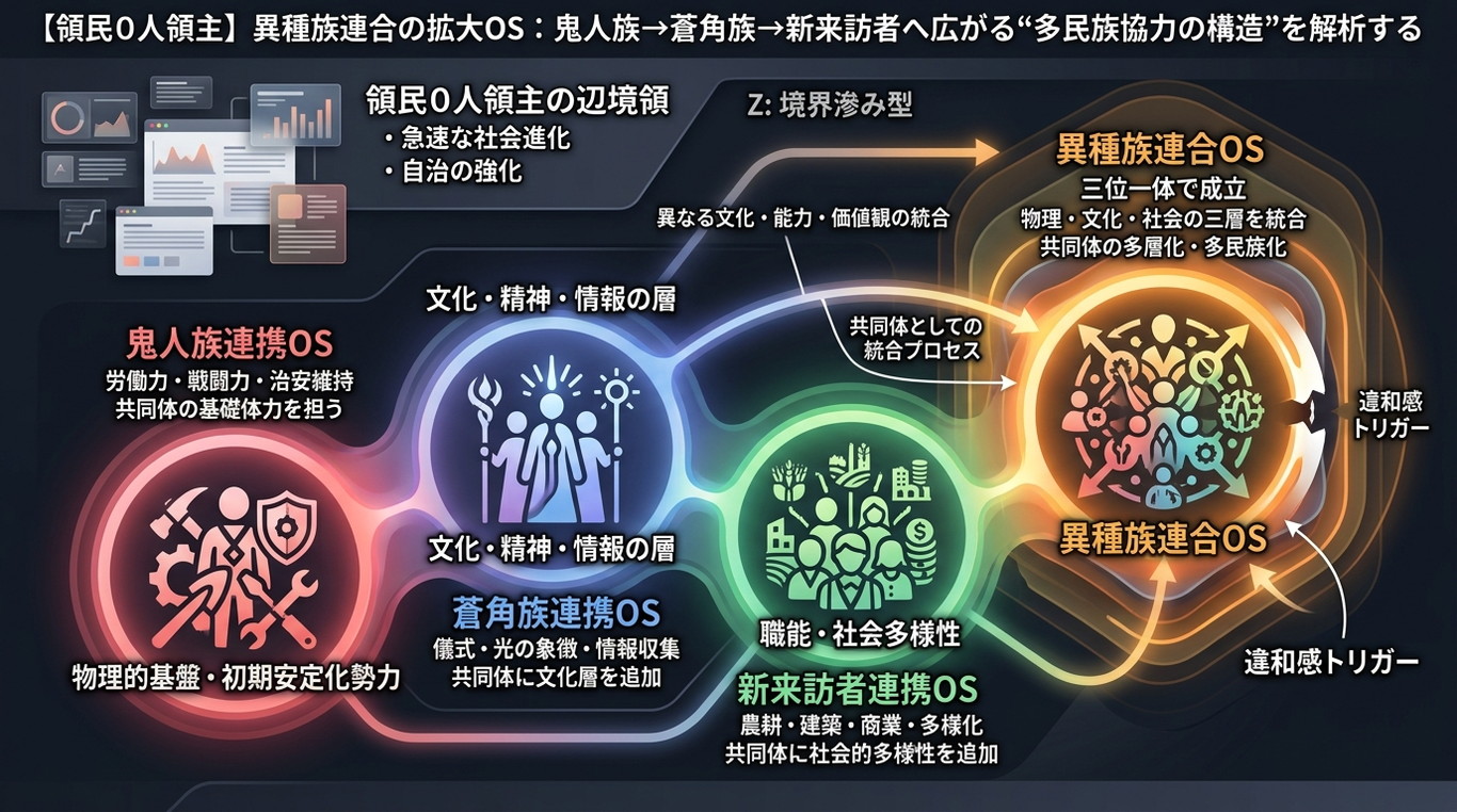 1247W｜【領民０人領主】異種族連合の拡大OS：鬼人族→蒼角族→新来訪者へ広がる“多民族協力の構造”を解析する（構造ID：ZERO-MULTI）