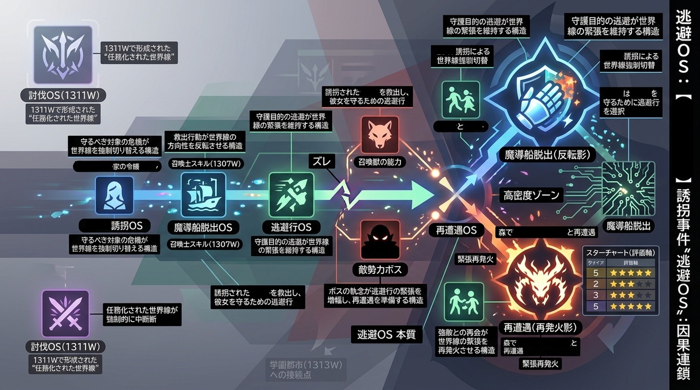 1312W｜【ヘルモード】誘拐事件“逃避OS”：魔導船脱出→ダグラハ追跡→森での再遭遇の因果連鎖（構造ID：HELLMODE-ESCAPE）