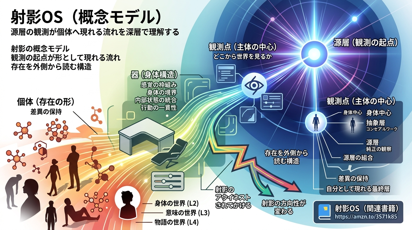 2115｜【射影OS】源層の観測が“個体”へ現れると読む抽象モデル──形而上の射影構造を深層で理解する（概念モデル）
