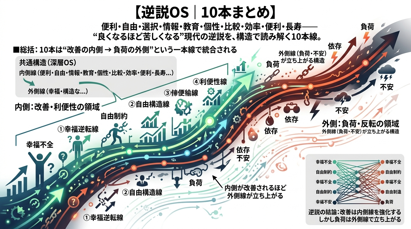 3177〜3186【逆説OS｜10本まとめ】便利・自由・選択・情報・教育・個性・比較・効率・便利・長寿── “良くなるほど苦しくなる”現代の逆説を、構造で読み解く10本線