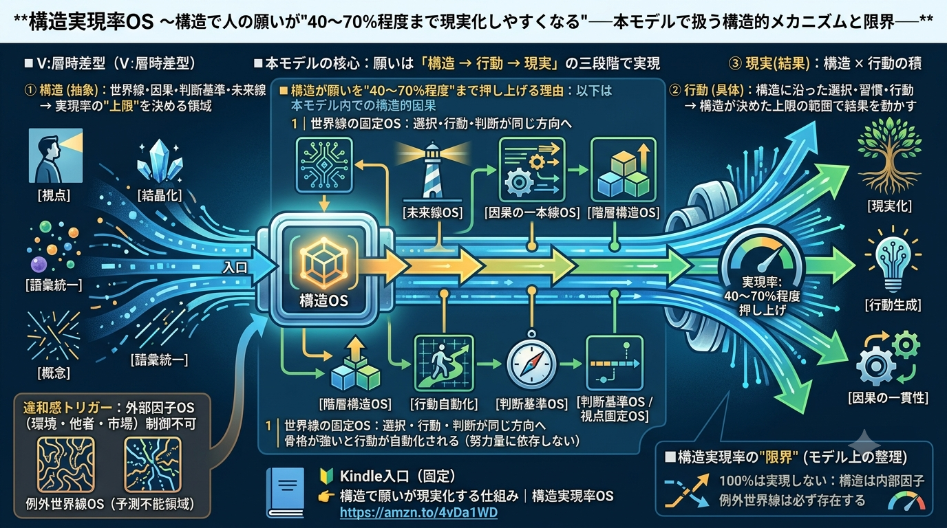 3675｜【構造実現率OS】構造で人の願いが“40〜70％程度まで現実化しやすくなる” ──本モデルで扱う構造的メカニズムと限界──