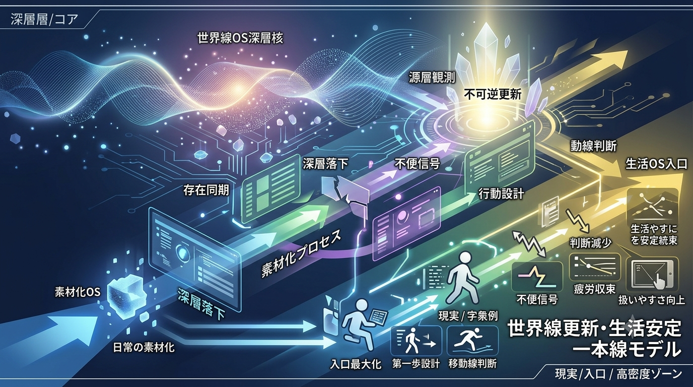生活・世界線OSシリーズ 10本まとめ──素材化・入口深層・源層観測・不可逆・存在同期・不便観測・一歩設計・動線判断・扱いやすさ・疲労軽減を一枚の構造線として読む（751〜760）