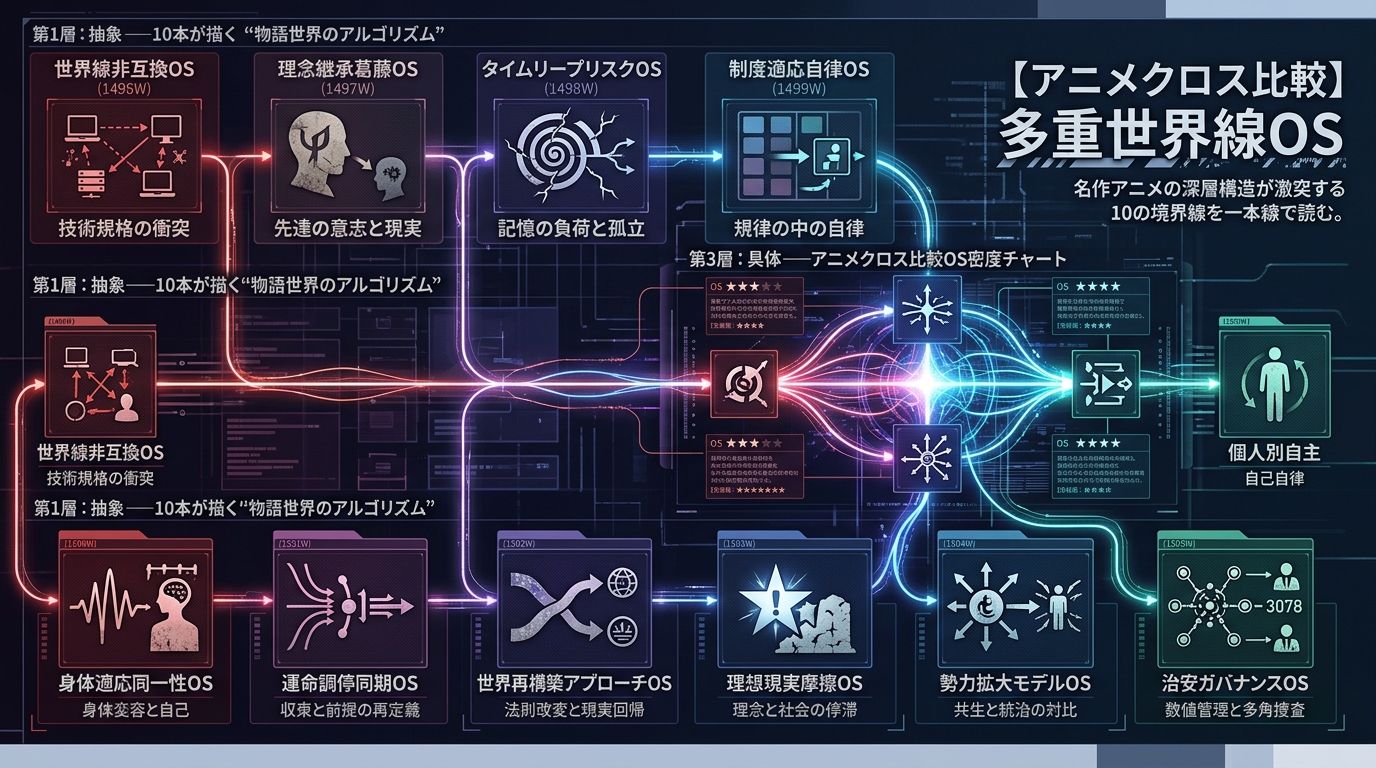 1496W〜1505W｜アニメクロス比較 “前提・意志・代償・制度・身体・収束・再構築・現実・拡大・統治” の10本を一本線で読む