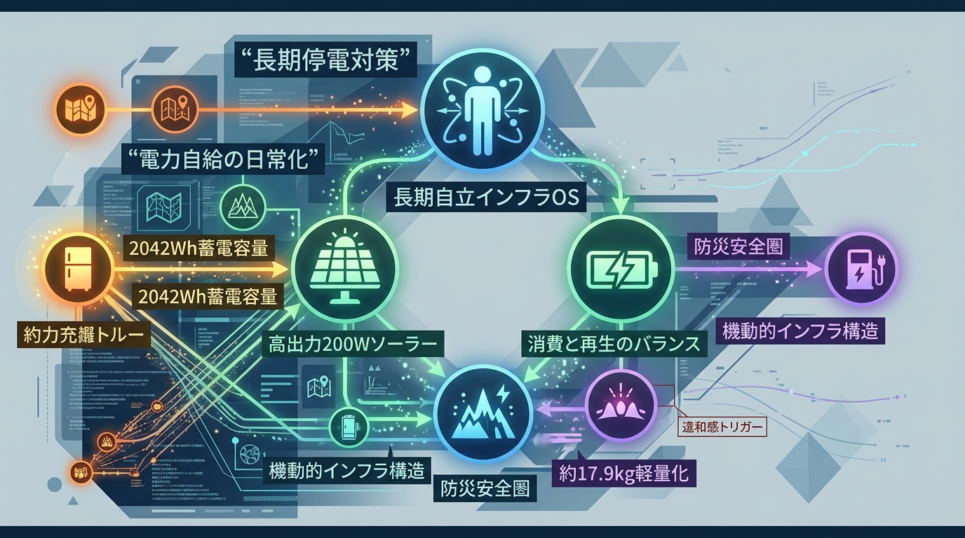 1677W｜【構造OS】200Wソーラーと2042Whが拓く長期停電対策：電力自給を日常化する安全インフラ