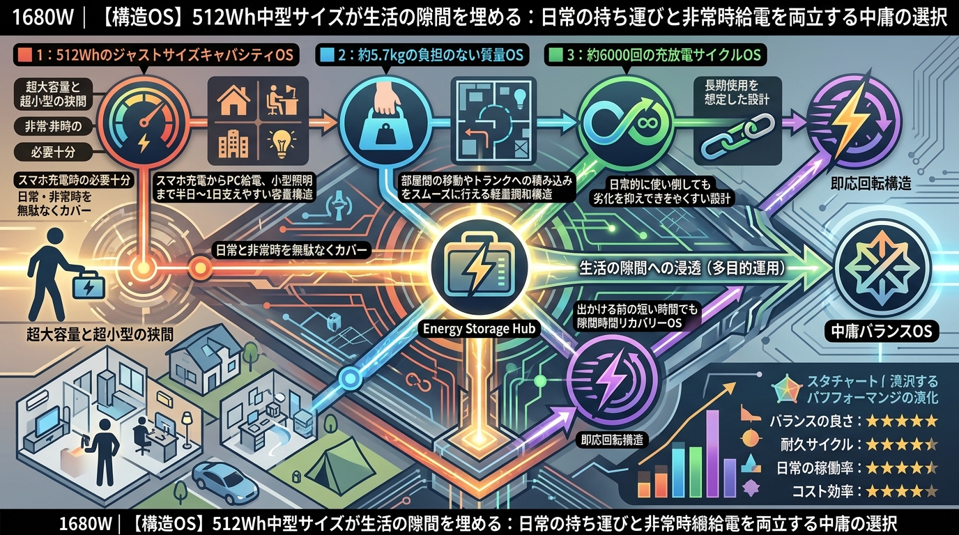 1680W｜【構造OS】512Wh中型サイズが生活の隙間を埋める：日常の持ち運びと非常時給電を両立する中庸の選択
