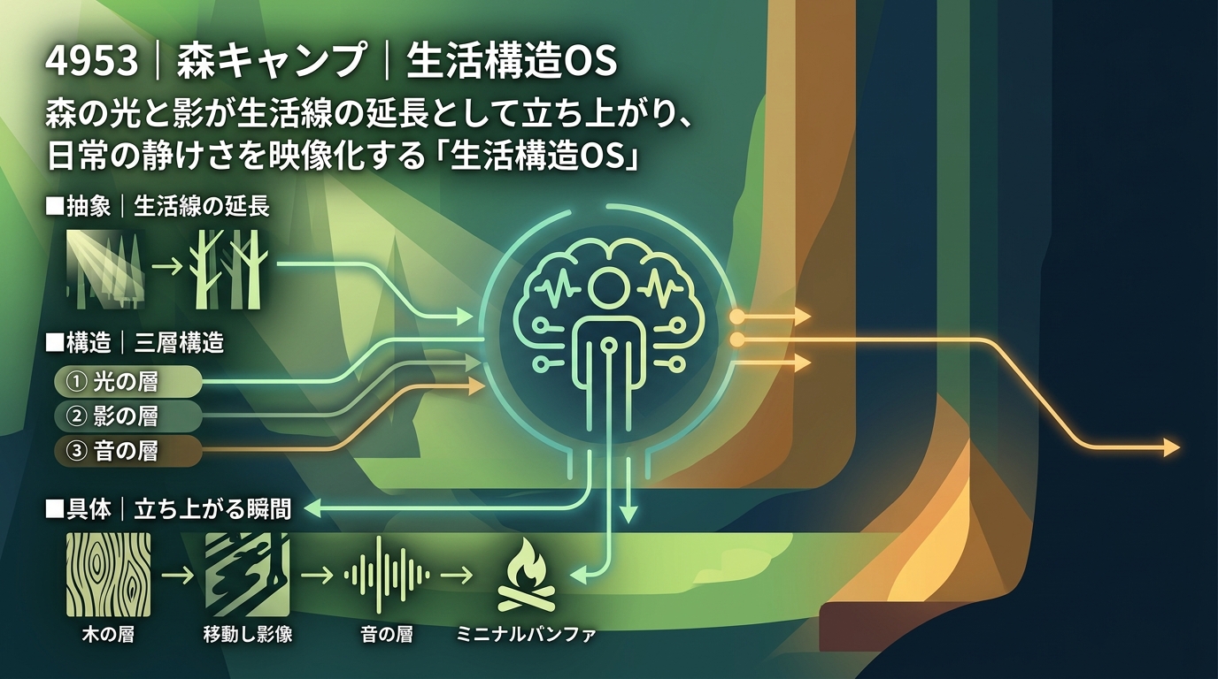 4953｜森キャンプ｜生活構造OS 森の光と影が生活線の延長として立ち上がり、日常の静けさを映像化する「生活構造OS」