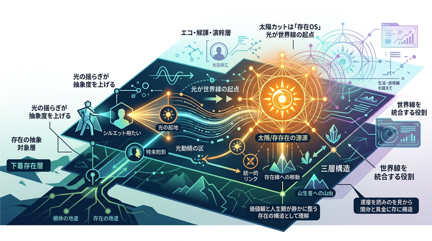 4959｜太陽カット｜存在OS 太陽の源が揺らぎ層を立ち上げ、抽象度の高い世界線を映像として結ぶ「キャンプ存在OS」