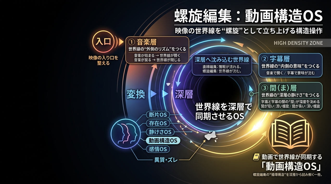 4961｜螺旋編集｜動画構造OS 音楽→字幕→間→字幕→音楽の螺旋構造が世界線を同期させ、映像の深層を立ち上げる「動画構造OS」