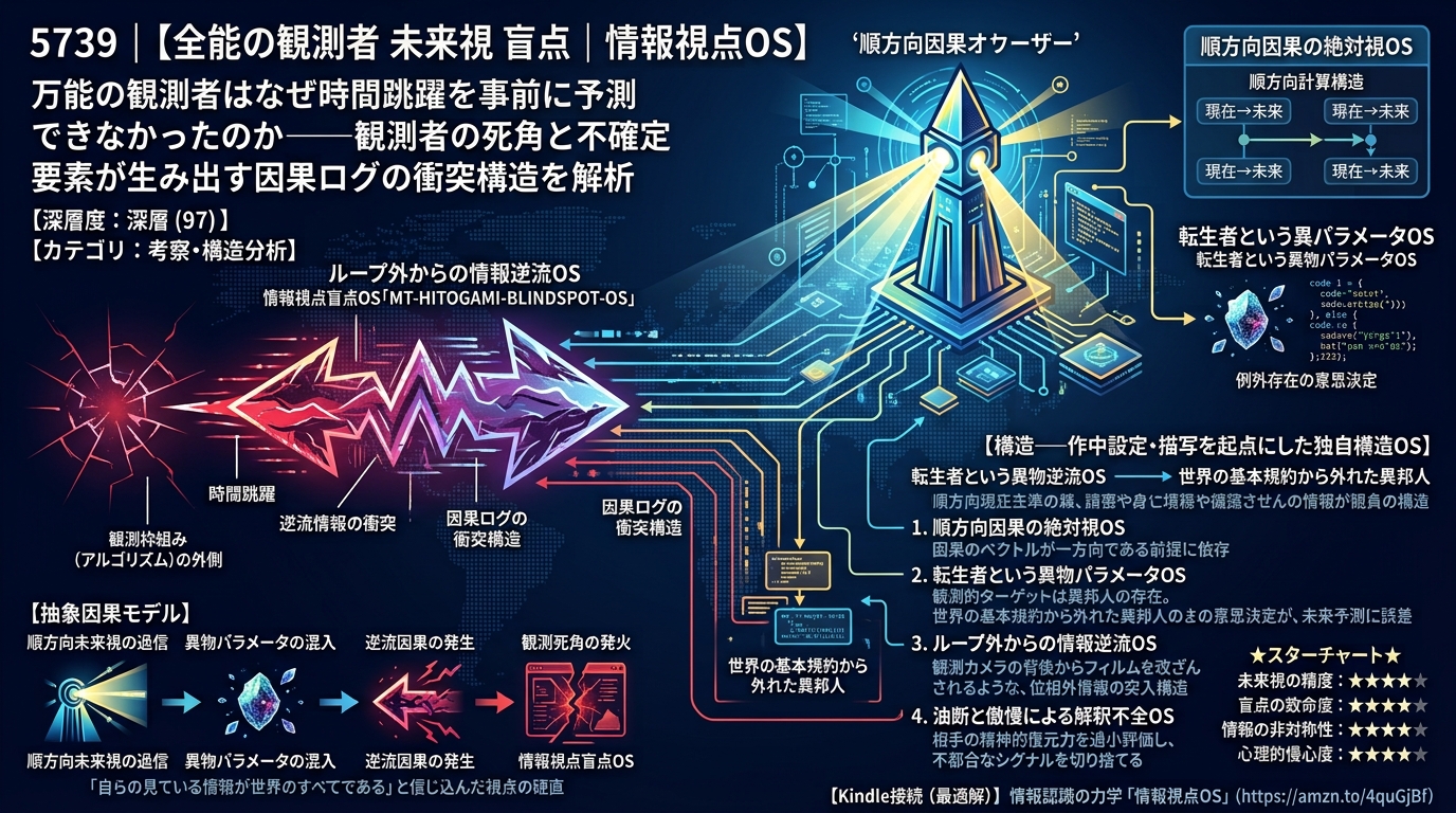 5739｜【ヒトガミ 未来視 盲点｜情報視点OS】万能の神はなぜ老ルディの時間跳躍を事前に予測できなかったのか──観測者の死角と不確定要素が生み出す因果ログの衝突構造を解析