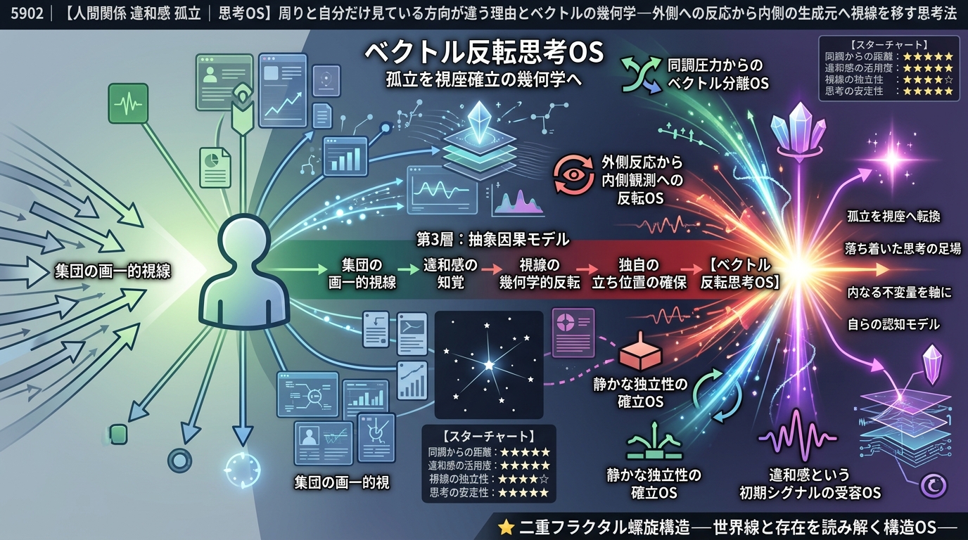 5902｜【人間関係 違和感 孤立｜思考OS】周りと自分だけ見ている方向が違う理由とベクトルの幾何学──外側への反応から内側の生成元へ視線を移す思考法