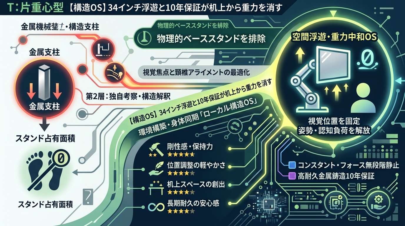 1683W｜【構造OS】34インチ浮遊と10年保証が机上から重力を消す：視覚位置を固定し姿勢と認知負荷を解放する金属支柱。