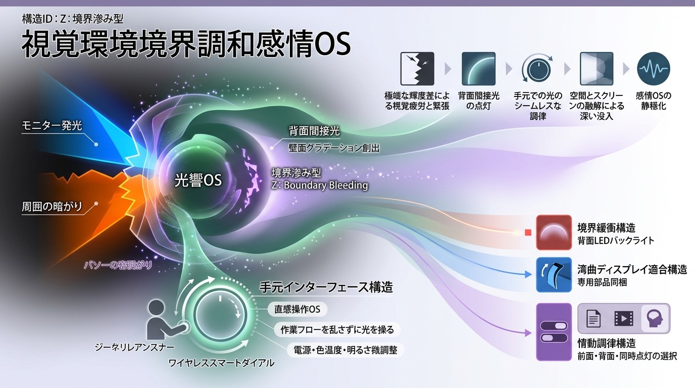 1686W｜【構造OS】間接背面発光と無線ダイアルが整える視野の境界：画面と部屋の輝度差を消し集中を深める光響OS。
