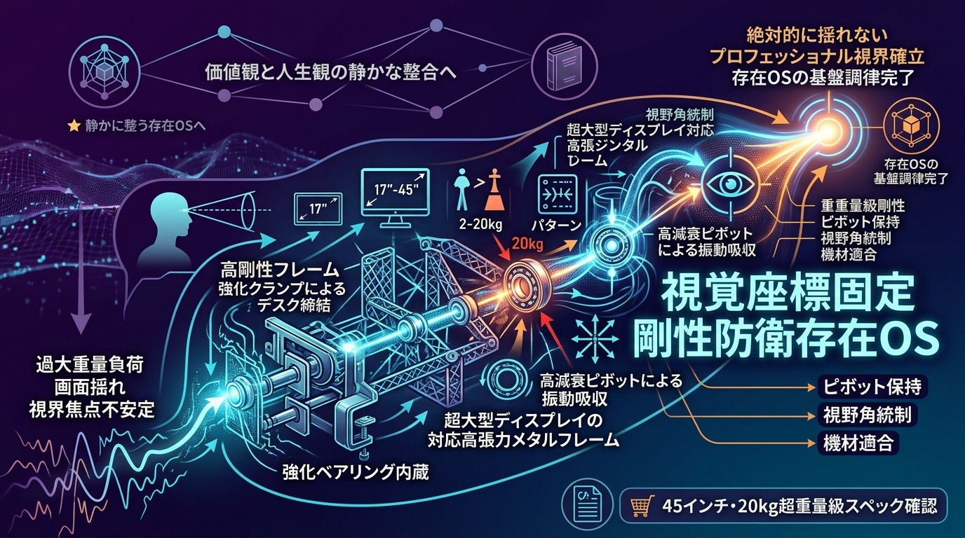 1692W｜【構造OS】45インチ・20kgを支える高剛性設計がプロの視界を固定する：ゲーミングと緻密作業を両立する頑強アーム。