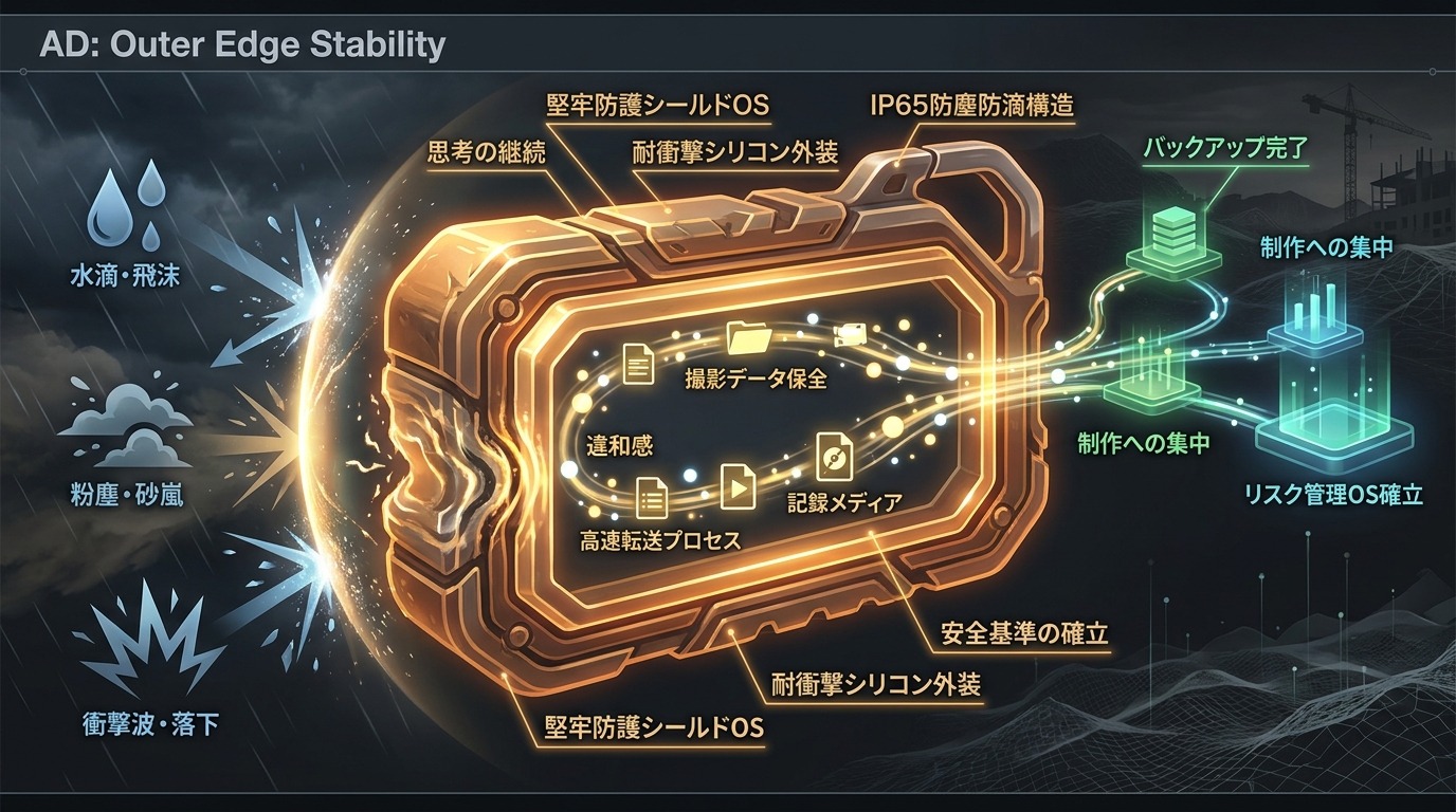 1694W｜【構造OS】IP65防滴防塵とシリコンラバーが守る撮影データ：過酷な屋外世界線でも思考を止めない高耐久ストレージ。