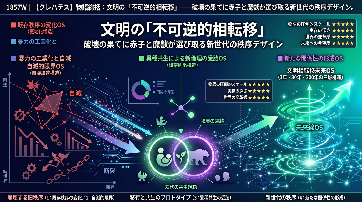 1857W｜【クレバテス】物語総括：文明の「不可逆的相転移」──破壊の果てに赤子と魔獣が選び取る新世代の秩序デザイン。