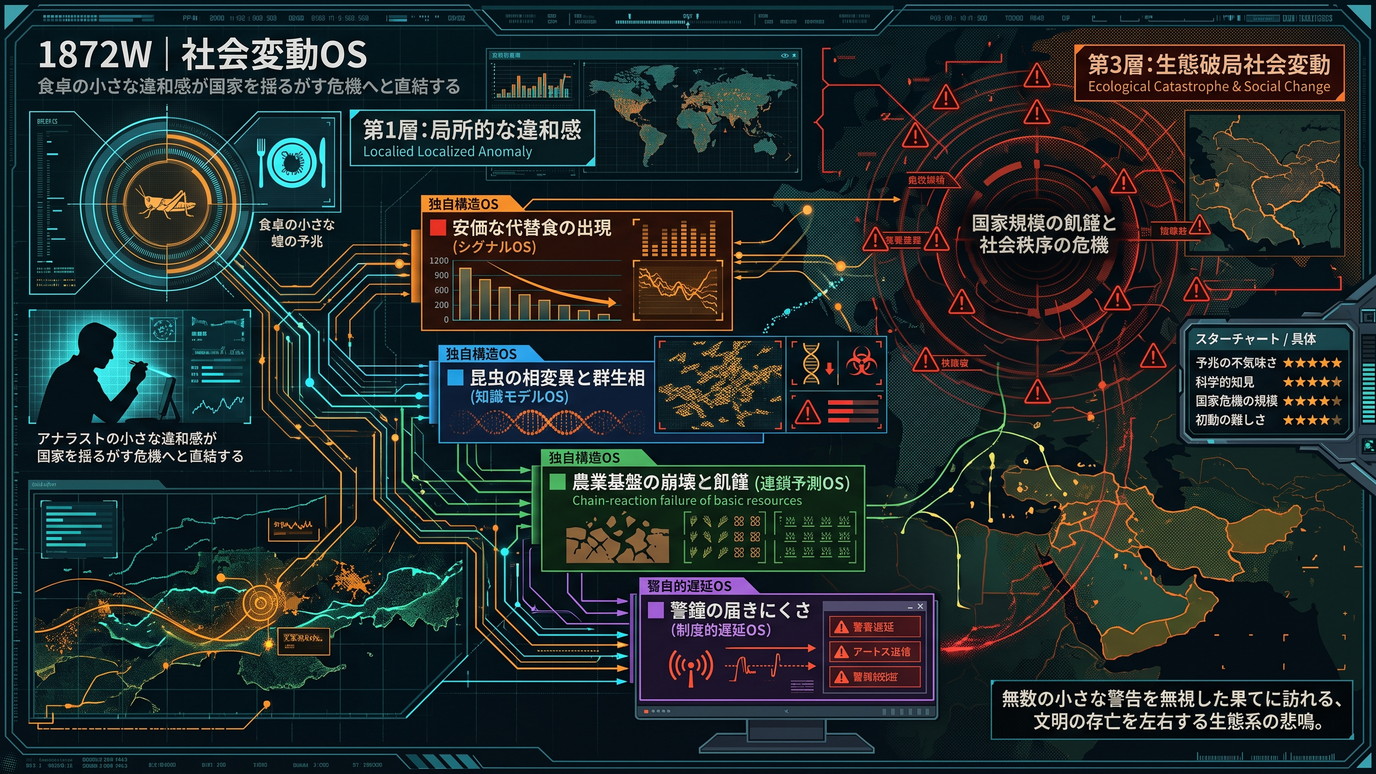 1872W｜【薬屋のひとりごと シーズン3】蝗の煮つけが告げる不穏な兆し──食卓の小さな違和感が国家を揺るがす危機へと直結する「社会変動OS」の構造。